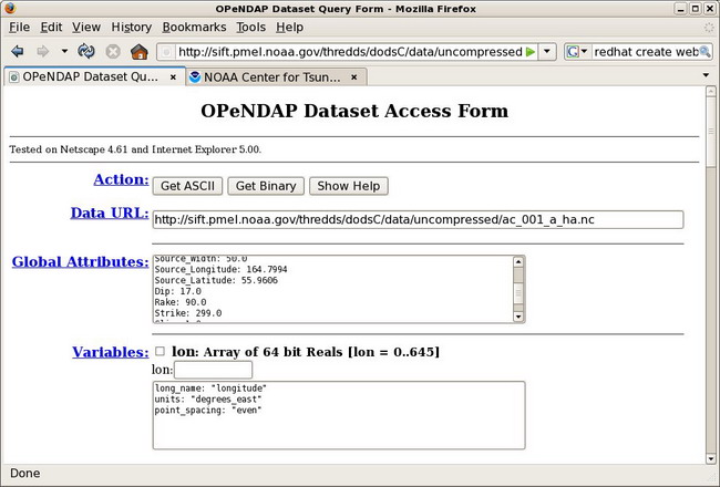 screen snapshot of opendap dataset access form