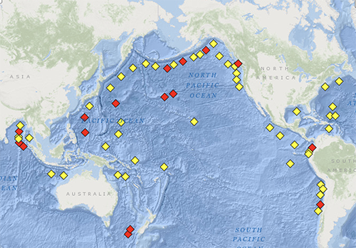 World map with locations of tsunami monitoring from NDBC